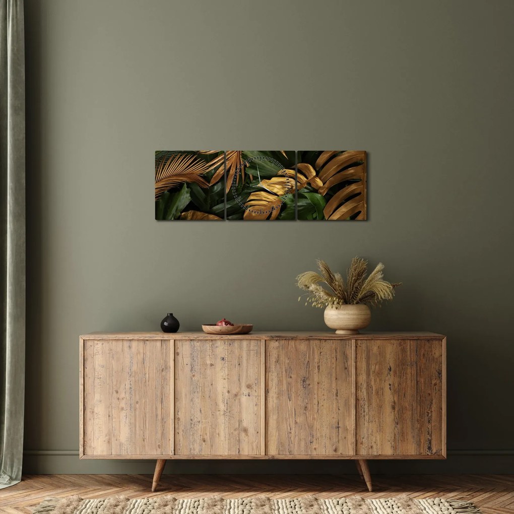 Obraz - Zlaté listy (s hodinami) (90x30 cm)