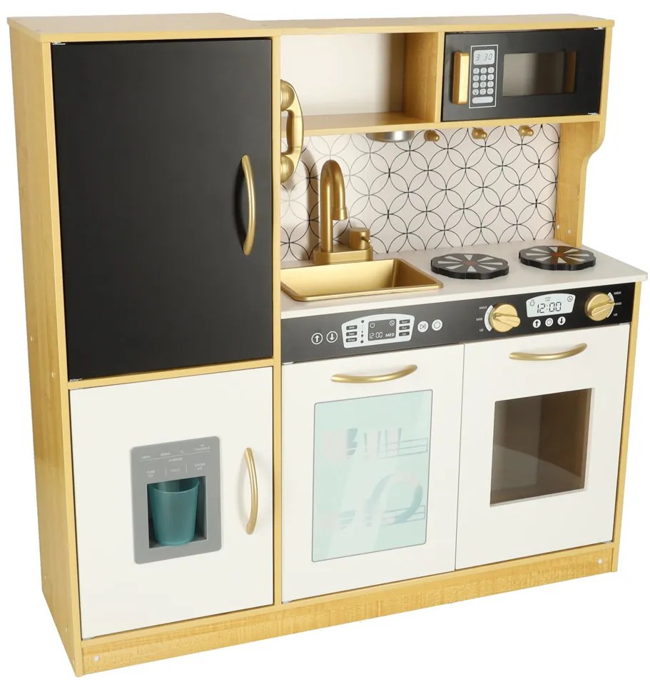 KIK Detská drevená kuchynka so svetlom a zvukom, chladnička, zlatá, 3+