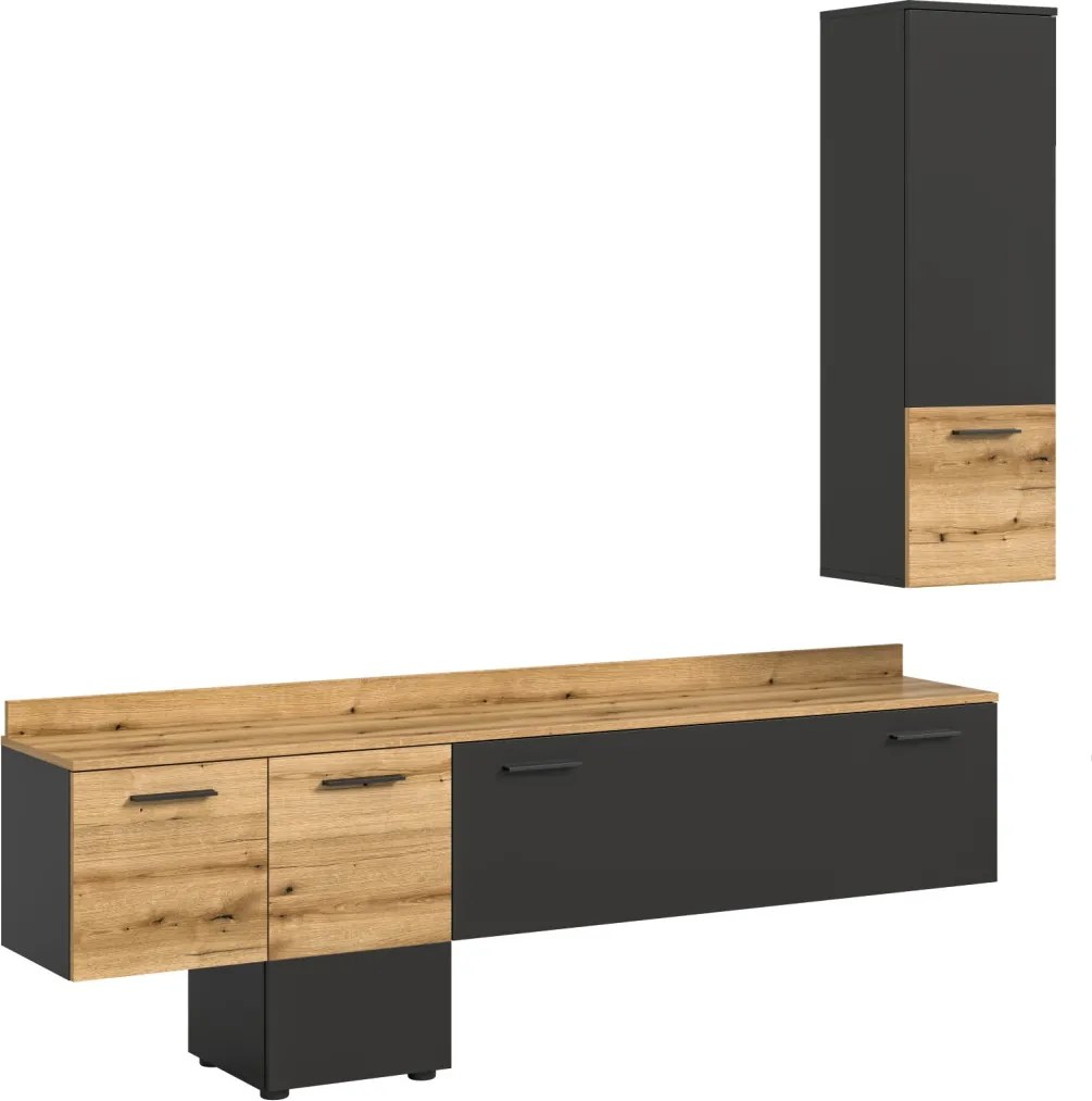 Obývacia stena s osvetlením Goul, tmavo šedá/dub evoke