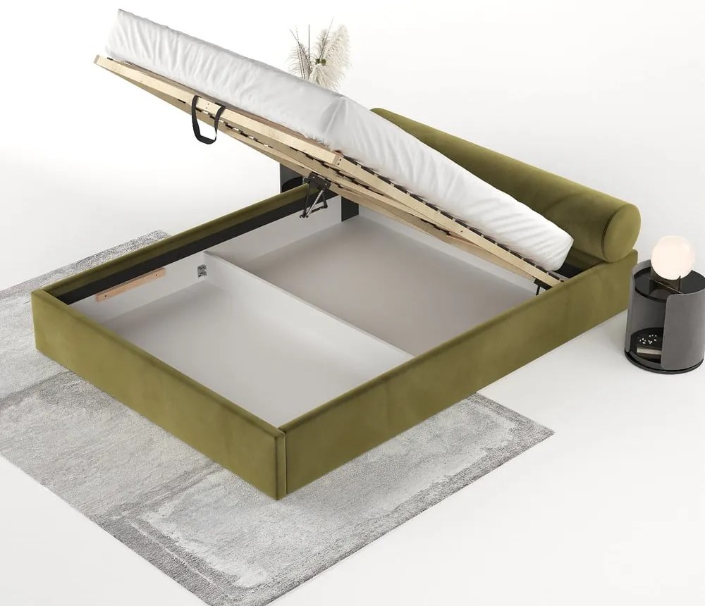 Tmavozelená čalúnená dvojlôžková posteľ s úložným priestorom s roštom 180x200 cm Solvo – Maison de Rêve