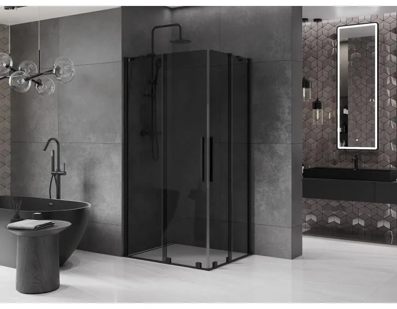 Mexen Velar Duo, sprchový kút s posuvnými dverami 90 x 80 cm, 8mm šedé sklo, čierna matná, 871-090-080-42-70