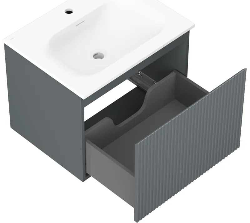 Mexen Rivel, kúpeľňová skrinka 60 cm s umývadlom Vela, 1 zásuvka, drážkovaná, grafitová matná/biela matná, 91A20-06047-1-BF66-W23M01
