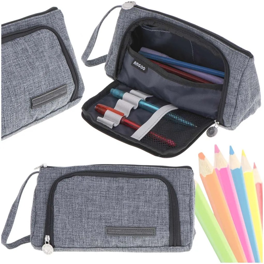 KIK Školský peračník s dvojitým vreckom Vanity Case • sivý • puzdro na ceruzky & kozmetiku