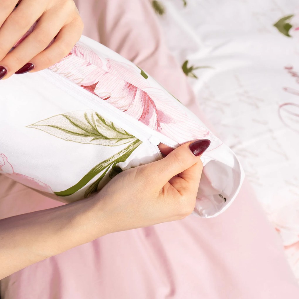 Goldea bavlnené posteľné obliečky duo - pivonky s textami s púdrovo ružovou 140 x 220 a 70 x 90 cm