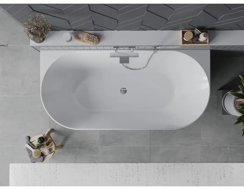 Mexen Oval Slim, voľne stojaca vaňa ku stene 170 x 80 cm, biela lesklá, chrómový prepad, 52661708000-01
