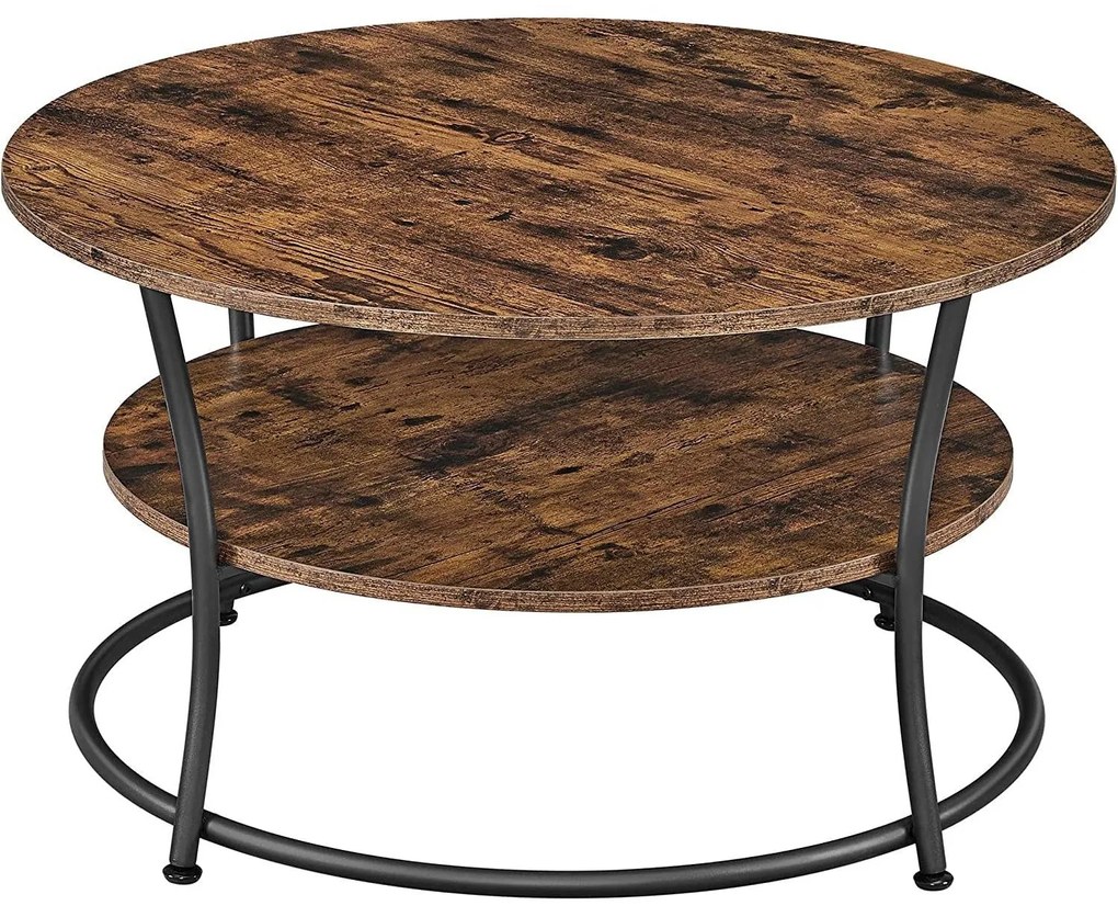 Konferenčný stolík, okrúhly koktailový stolík s policou, rustikálny hnedý