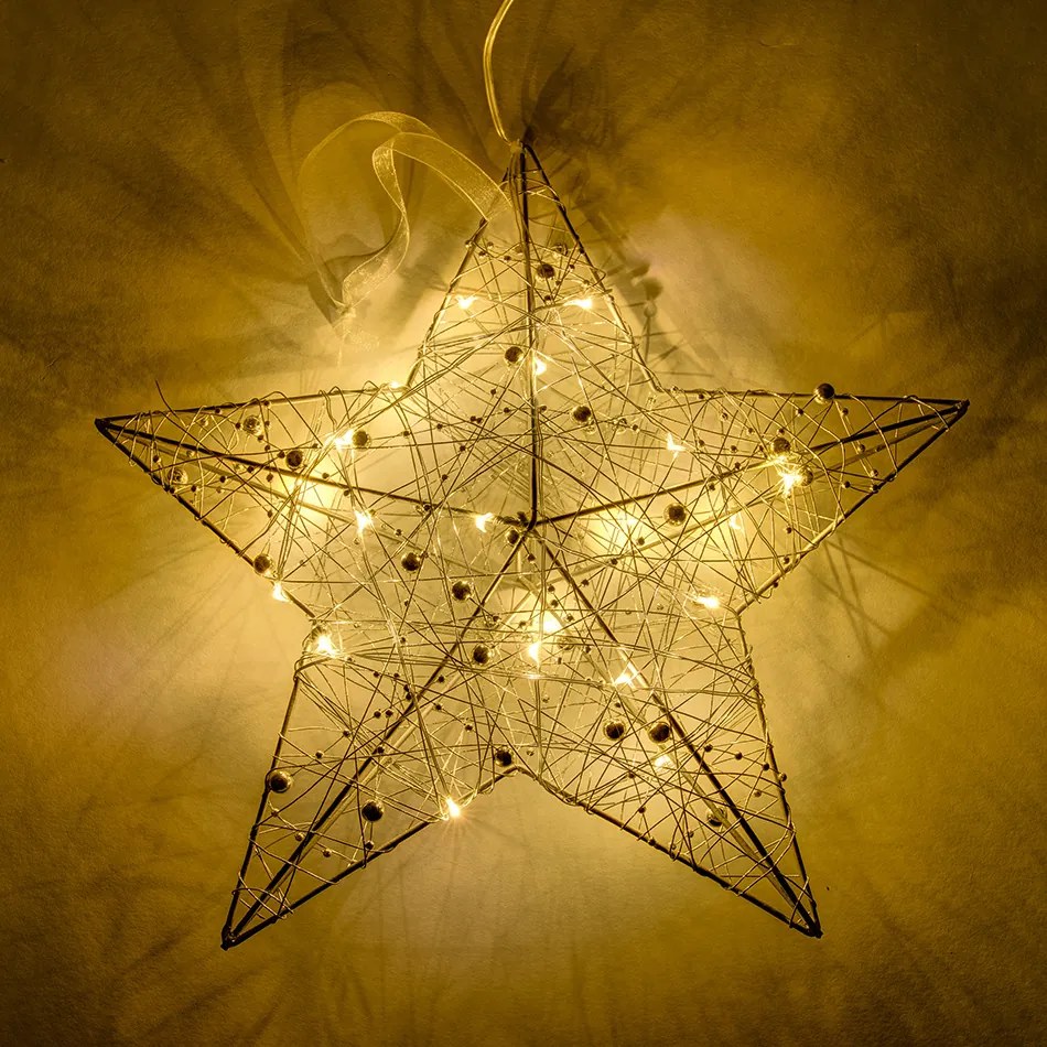 DECOLED 3D LED poinsettia na batérie, 30 × 30 × 8 cm, kov s drôtom, 20 LED diód, AA