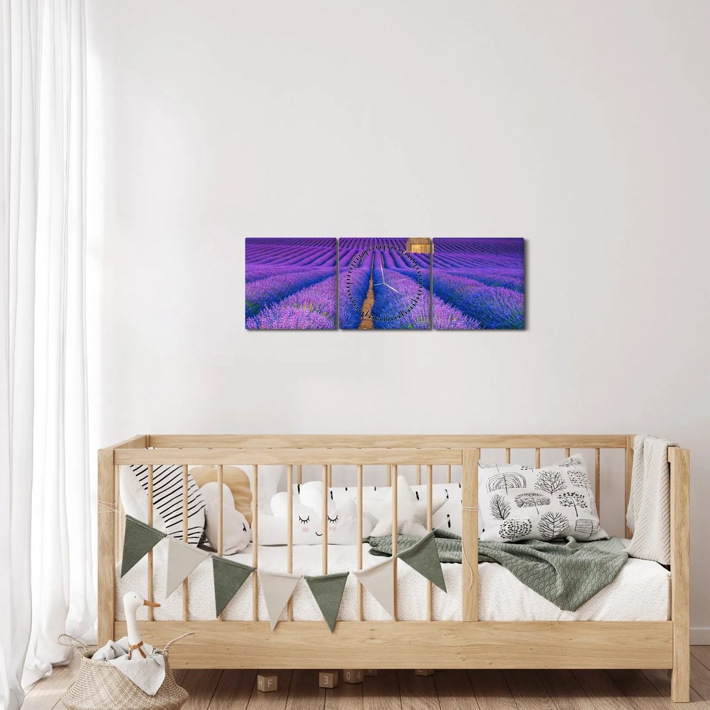 Obraz - Levanduľové pole (s hodinami) (90x30 cm)