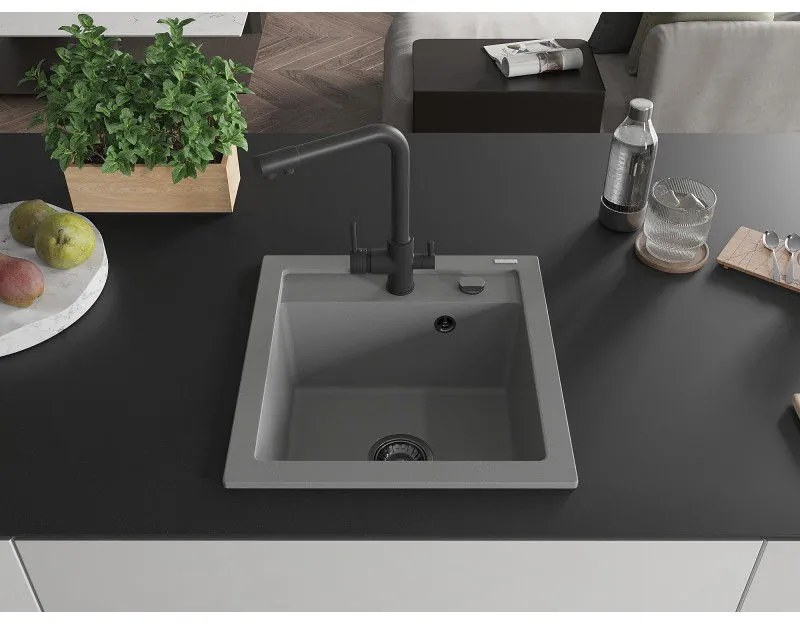 Mexen Vito, 1-komorový granitový drez 520x490x210 mm, čierna matná batéria Duero, šedá, 6503-71-671600-70-B