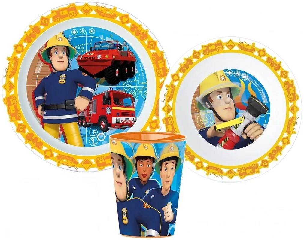 Sada plastového riadu s kelímkom pre deti - motív Požiarnik Sam - 3 diely