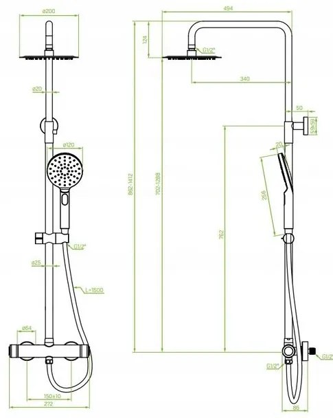 Laveo Volumo, sprchový set s termostatickou batériou 150mm, čierna matná, LAV-PLV_70OB