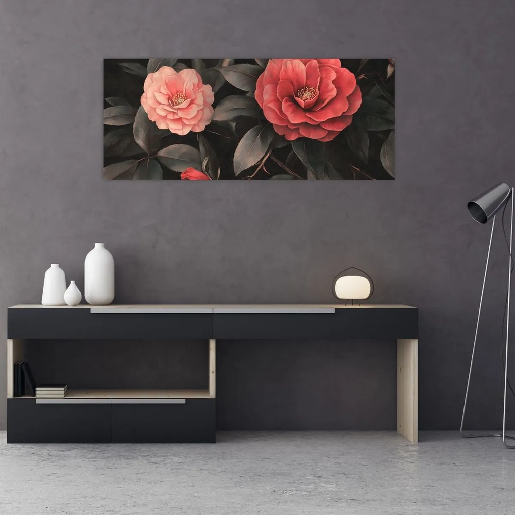 Obraz - Červené kvety na tmavom pozadí (120x50 cm)