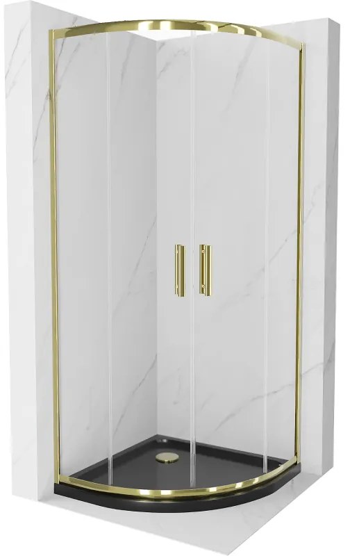 Mexen Rio, štvrťkruhový sprchovací kút s posuvnými dverami 90(dvere) x 90(dvere) x 190 cm, 6mm číre sklo, zlatý profil + čierna sprchová vanička SLIM, 863-090-090-50-00-4170G