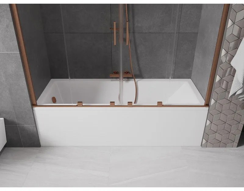 Mexen Velar Duo, 2-krídlová posuvná vaňová zástena 170 x 150 cm, 8mm číre sklo, medený matný profil, 896-170-000-02-65