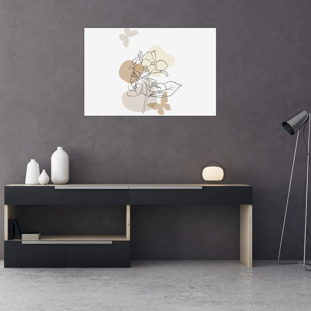 Obraz - Béžové kvety s motýľom N⁰1 (90x60 cm)