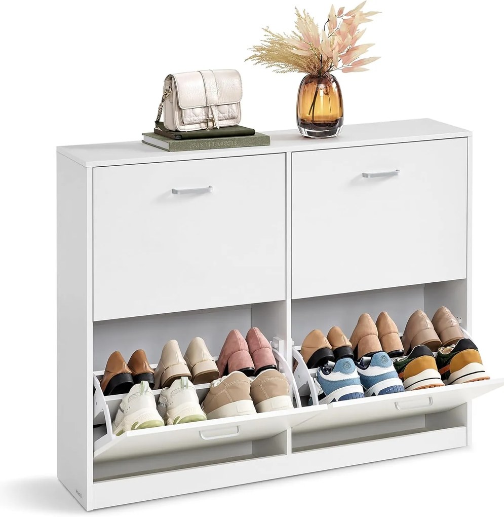 Skrinka na topánky VASAGLE so 4 dvierkami a nastaviteľnou deliacou stenou LBC035 Farba: biela