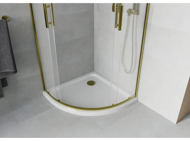 Mexen Rio, štvrťkruhový sprchovací kút s posuvnými dverami 90(dvere) x 90(dvere) x 190 cm, 6mm sklo námraza, zlatý profil + biela sprchová vanička SLIM, 863-090-090-50-30-4110G
