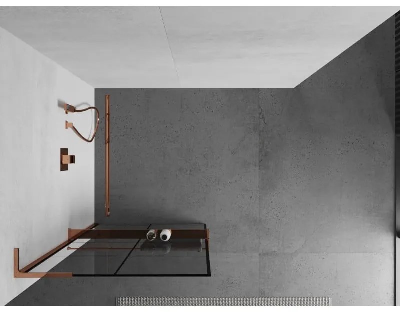 Mexen Kioto+ L, sprchová zástena Walk-In s poličkou a vešiakom 70 x 200 cm, 8mm číre sklo čierny vzor, ružové zlato profil, 800-070-123-60-77