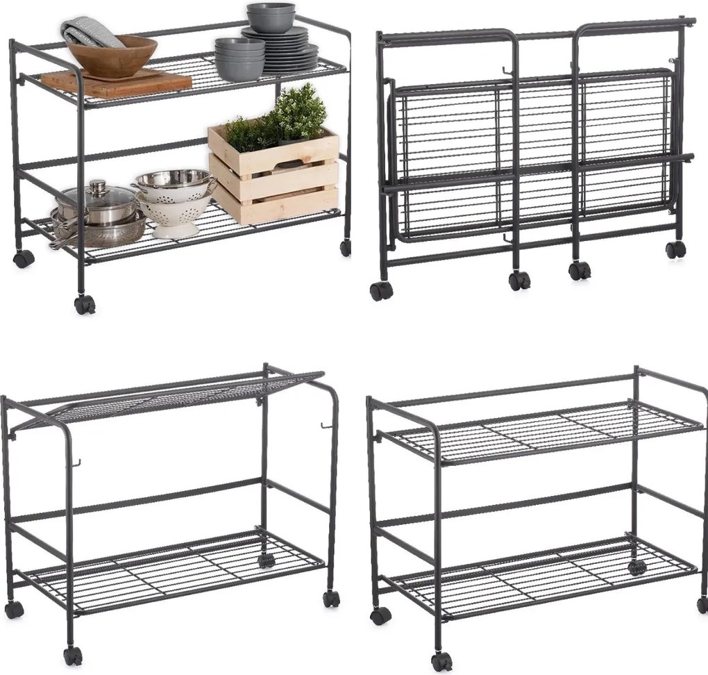 CONFORTIME 2. akosť - Pojazdný regál, skladacia polica 2 poschodová XXL - 67 x 30 x 45 cm, čierna