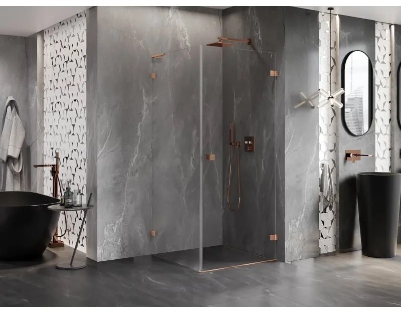 Mexen Lunar-B L výklopný sprchový kút pravý 80 x 80 cm, číre sklo, medená matná, 832L-080-080-65-00-P