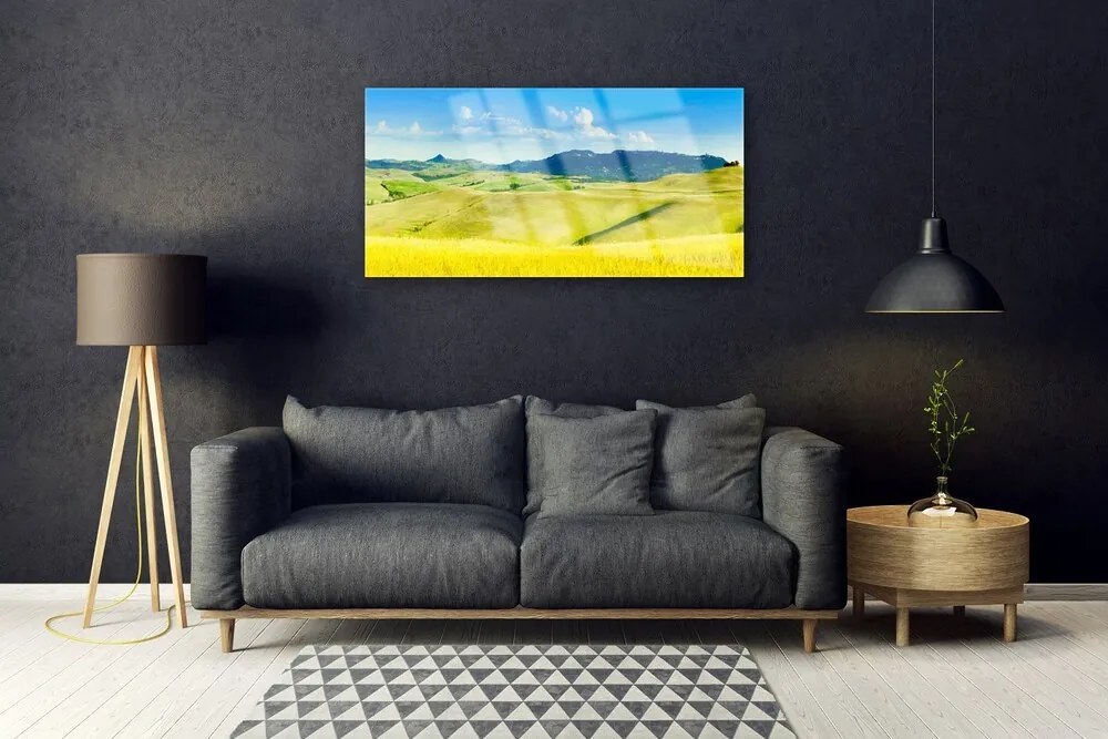 Skleneny obraz Dedina hory príroda 100x50 cm