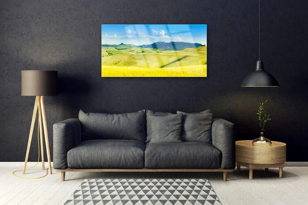 Skleneny obraz Dedina hory príroda 125x50 cm