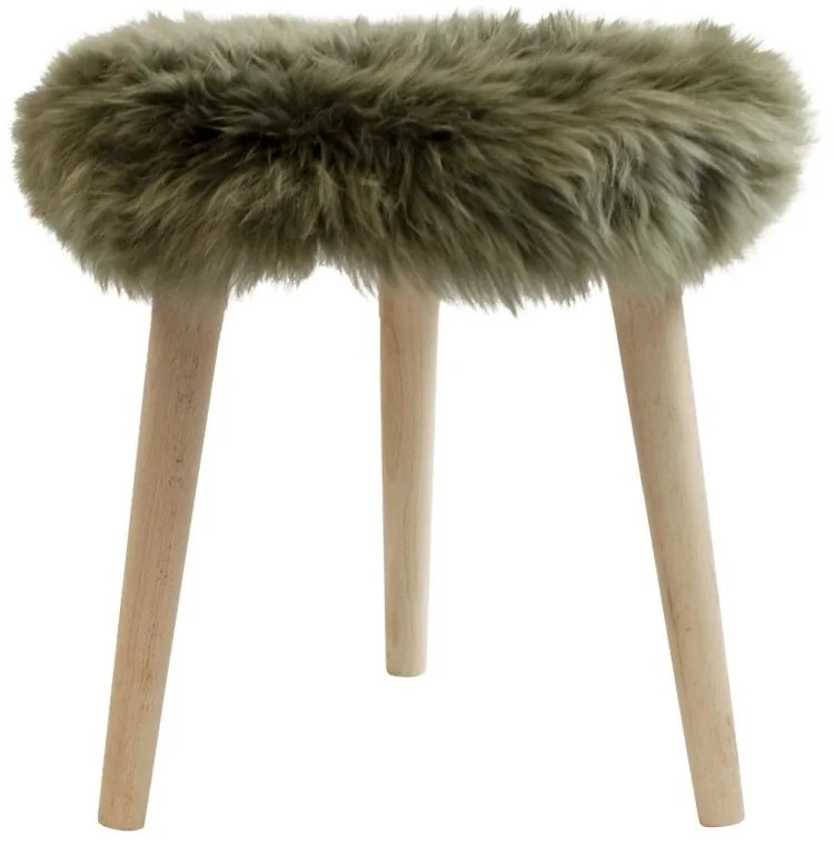 Drevená okrúhla stolička so šedo - zeleným sedákom z ovčej kože - Ø 36*45cm