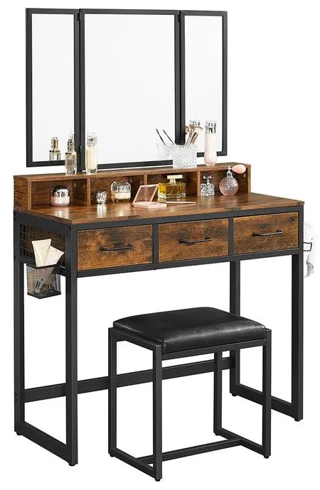 Toaletný stolík s taburetkou z eko kože PIERRE, 90x40x141cm, hnedá/čierna Vasagle