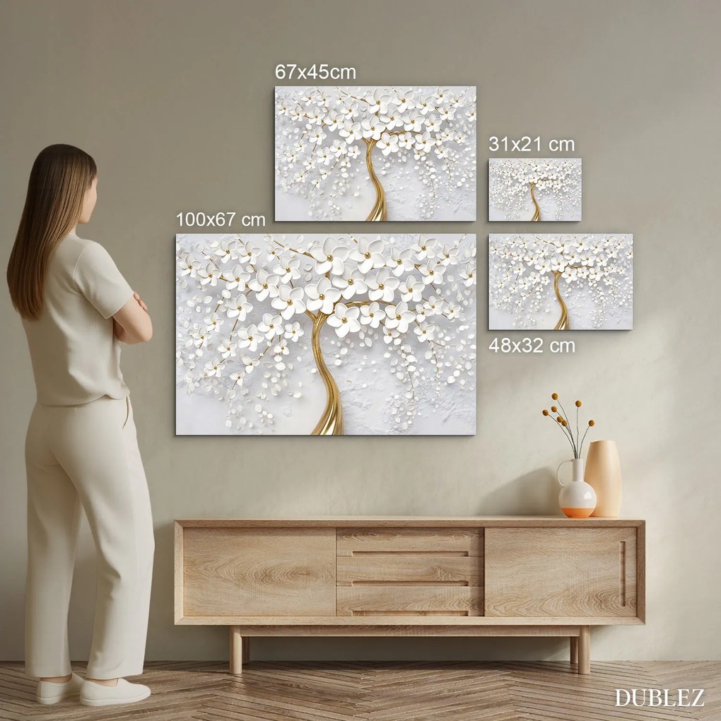 DUBLEZ | Drevený obraz - Zlatý strom s bielymi kvetmi