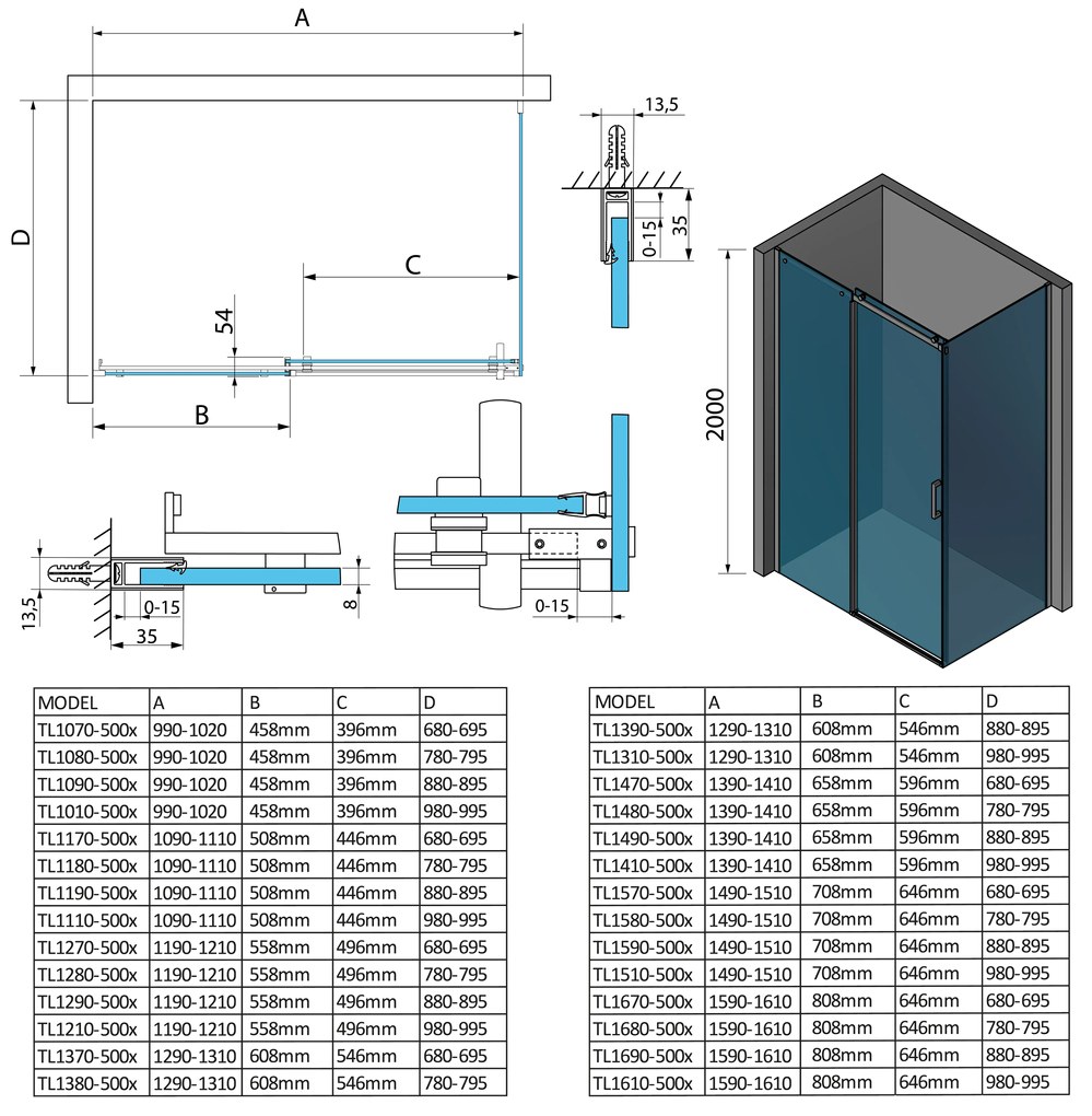 Polysan, THRON LINE SQUARE obdĺžniková sprchová zástena 1500x1000mm, TL1510-5002