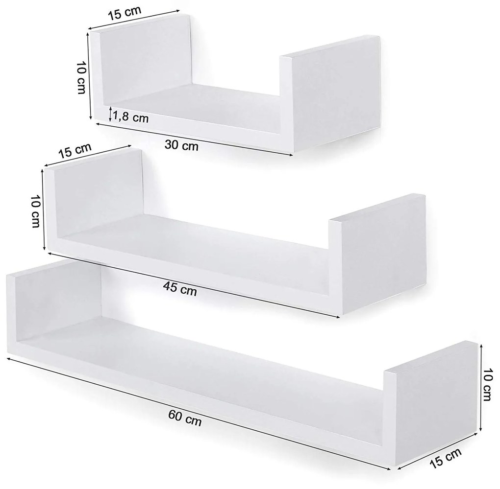 SONGMICS Nástenná polica do U biela 3 ks 60/45/30 cm