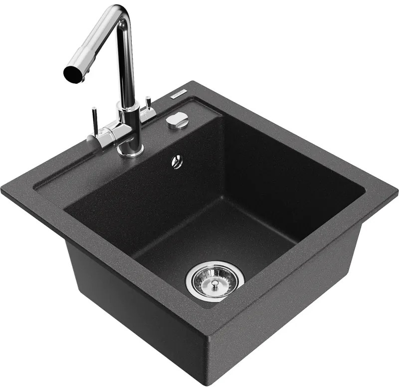 Mexen Vito, 1-komorový granitový drez 520x490x210 mm, chrómová batéria Duero, čierna škvrnitá, 6503-76-671600-00
