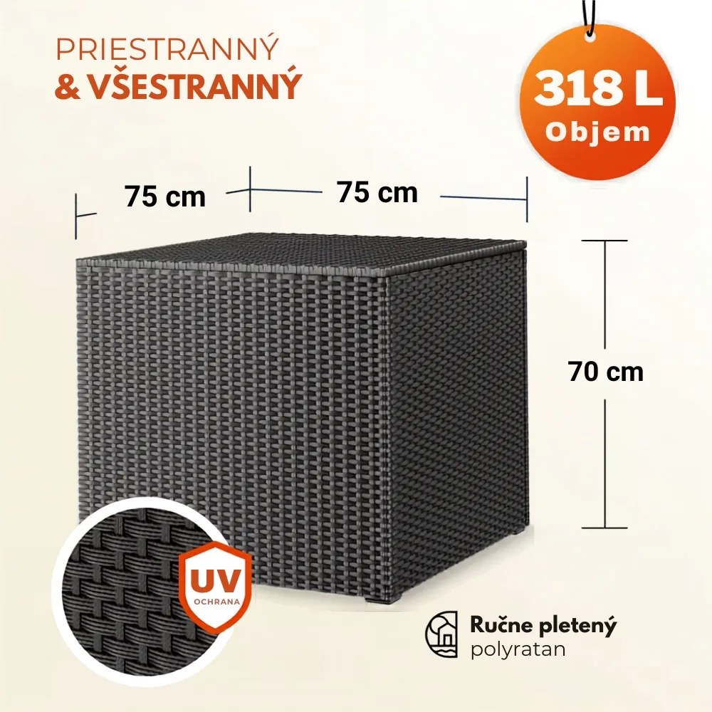 Polyratanový úložný box RICCO, 318L, 75x75x70cm, čierna Casaria