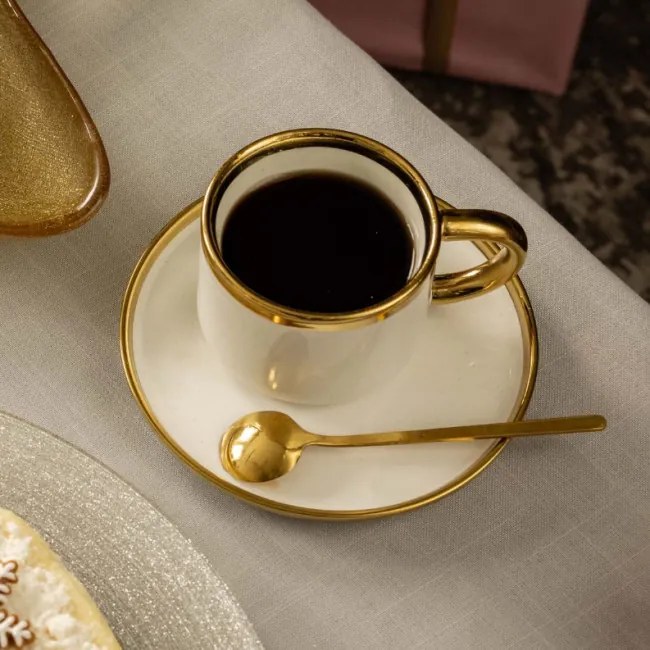 Šálka SINNES s podšálkou a lyžičkou, biela / zlatá 806563 200 ml
