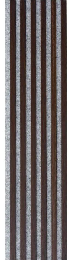 Akustické dekoračné panely, dub tmavý 3D lamely na sivom filcovom podklade, rozmer 270 x 30 cm, IMPOL TRADE