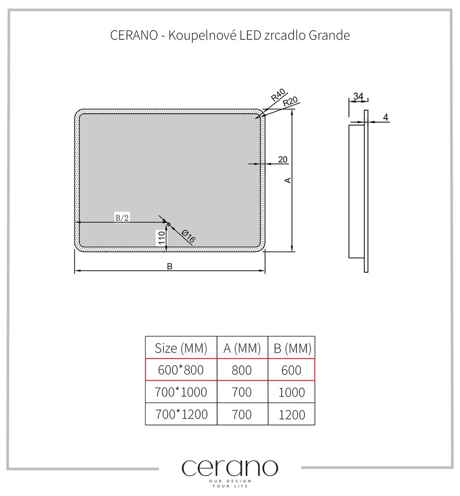 Cerano Grande, LED kúpeľňové zrkadlo 80x60 cm s vykurovacou podložkou proti zahmleniu, CER-CER-DY-2073H