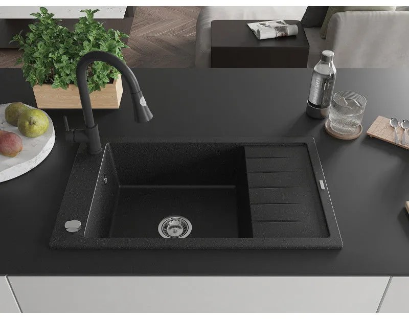 Mexen Elias, 1-komorový granitový drez 795x480x200 mm a drezová batéria Elia, čierna-strieborná metalíza, 6511-73-670101-70