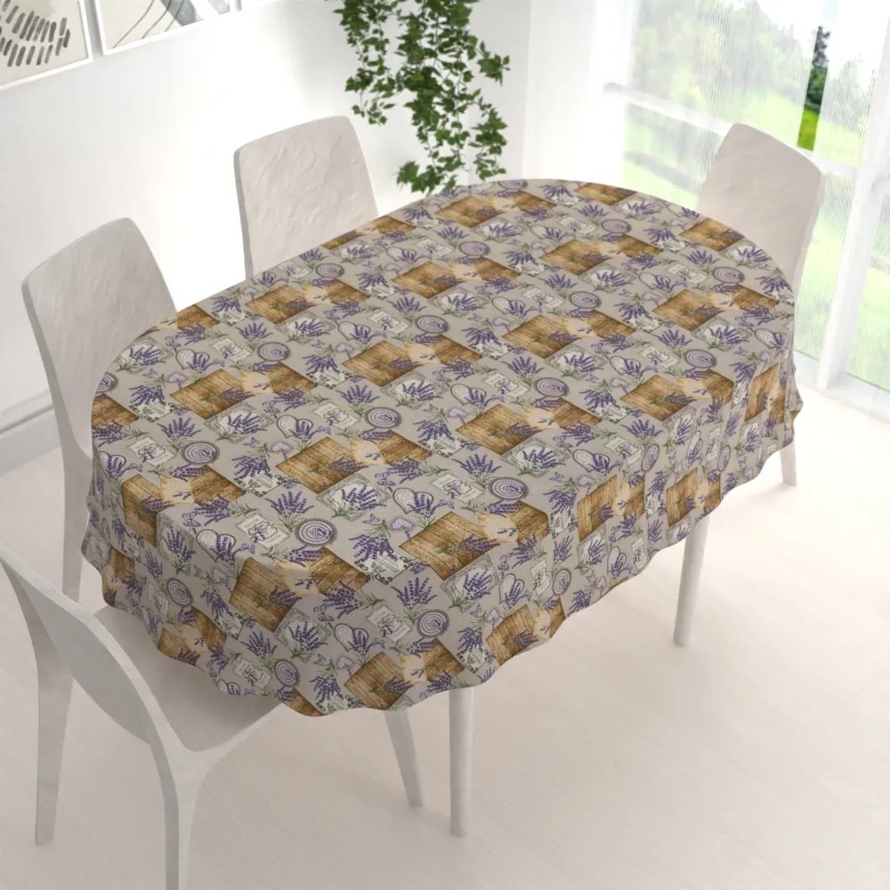 Biante Dekoračný oválny obrus PML-099 Levandule s motýlikmi a srdiečkami na béžovom 120x180 cm