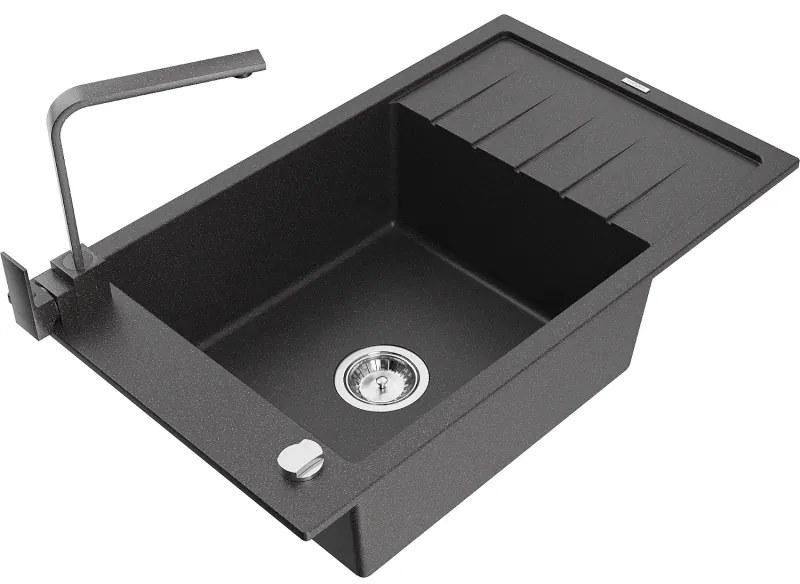 Mexen Elias, granitový drez granitový 795x480x200 mm, 1-komorový, čierna škvrnitá s chrómovým sifónom a čierna škvrtnitá drezová batéria Rita, 6511-76-670300-76