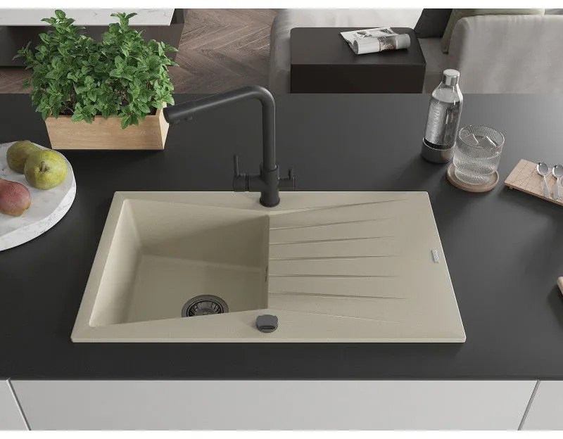 Mexen Cesar, granitový drez 775x470x190 mm, 1-komorový a čierna batéria Duero, béžová, 6514-69-671600-70