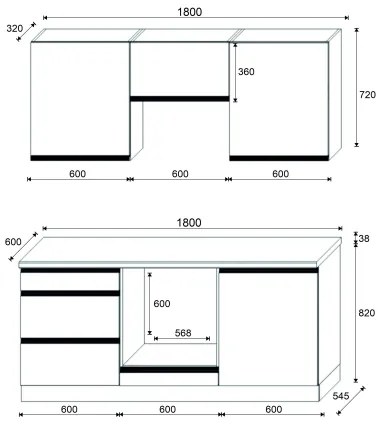 Kuchynská linka MARINA 180 cm dub craft/lesklá čierna