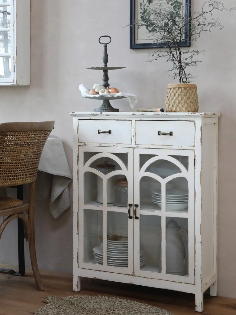 Krémová drevená komoda s presklenými dvierkami Old Satin- 70*32*92cm