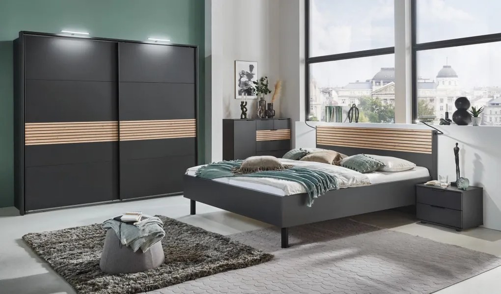 Šatníková skriňa Rotterdam, 225 cm, grafit/dub artisan