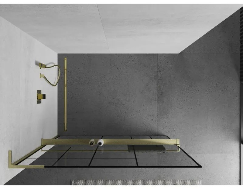 Mexen Kioto+ L, sprchová zástena Walk-In s poličkou a vešiakom 120 x 200 cm, 8mm číre sklo čierny vzor, zlatý matný profil, 800-120-123-55-78