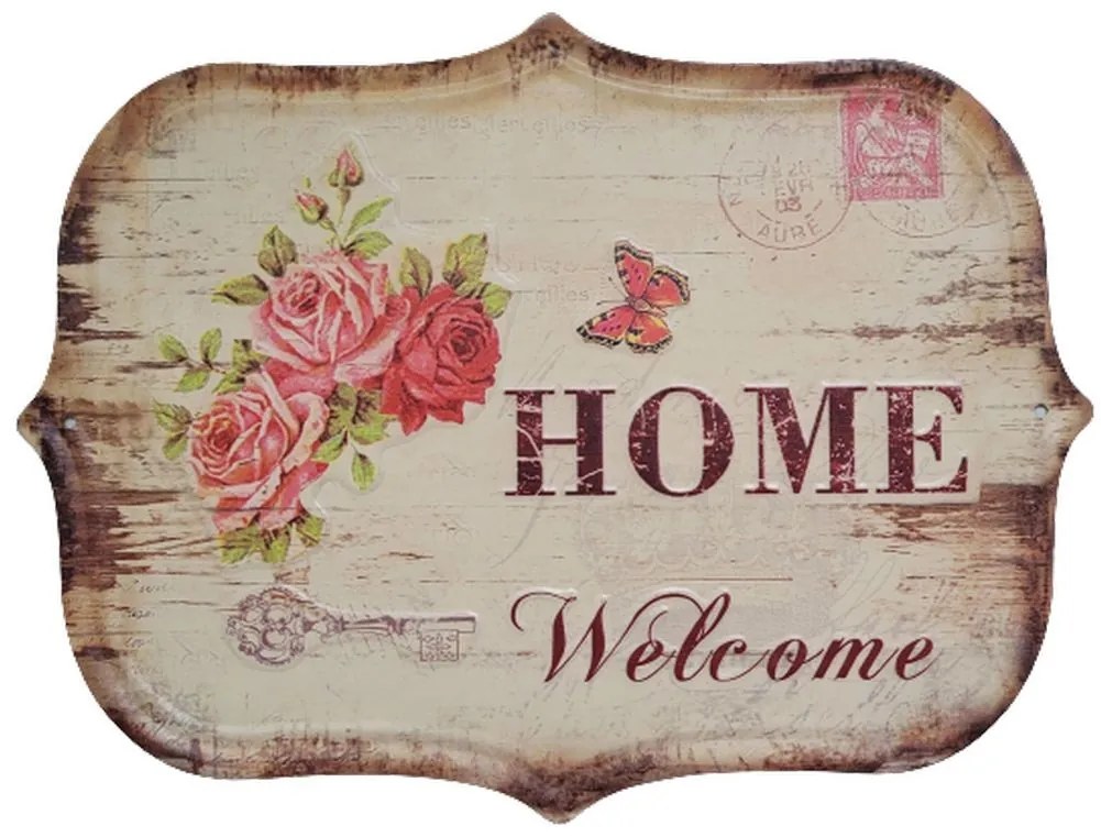 Nástenná kovová ceduľa s ružami Welcome Home - 33*25 cm