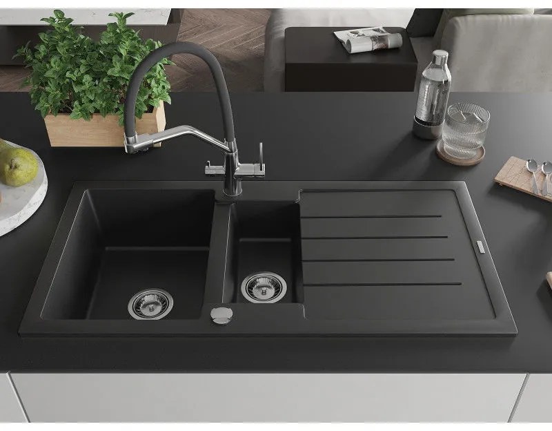 Mexen Andres, granitový drez 1000x500x200 mm, 1,5-komorový a drezová batéria Duo, čierna, 6515-77-671701-07