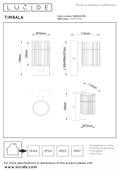 Lucide 11839/01/30 - Vonkajšie nástenné svietidlo so senzorom TIMBALA 1xGU10/7W/230V IP44