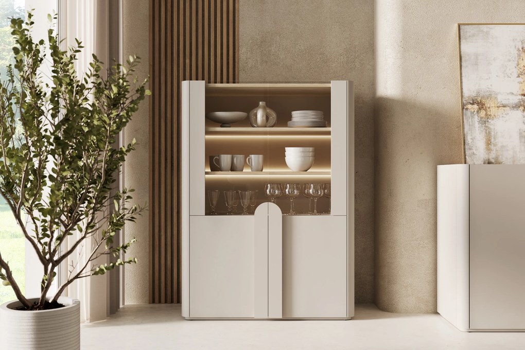 Vitrína Amilio 100 cm dvojdverová - kašmír / olejovaný dub / úchyty kašmír