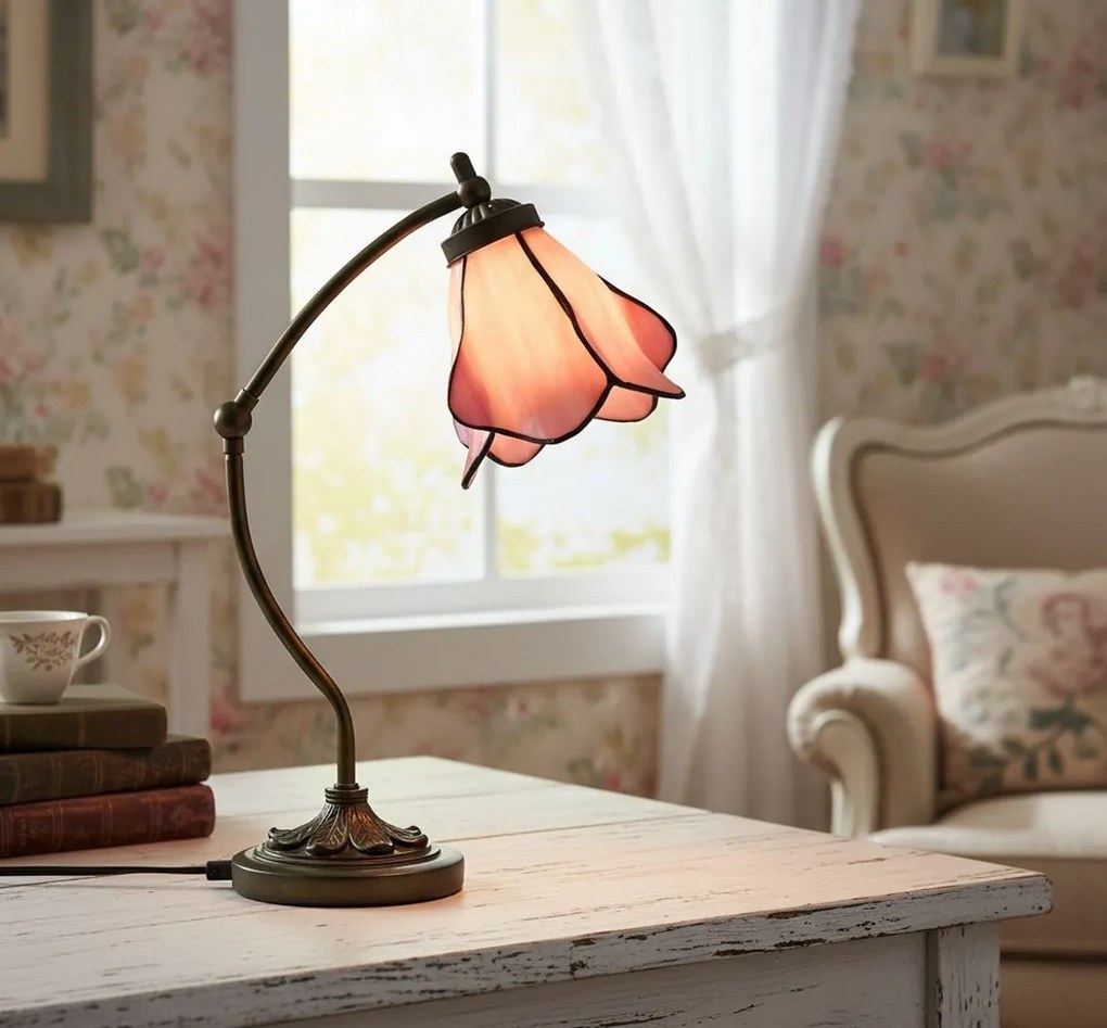 Stolová lampa Tiffany s ružovým tienidlom kvet Bloom - 26*19*50 cm