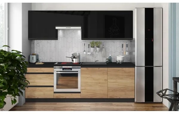 Kuchynská linka MARINA 240 cm dub craft/lesklá čierna